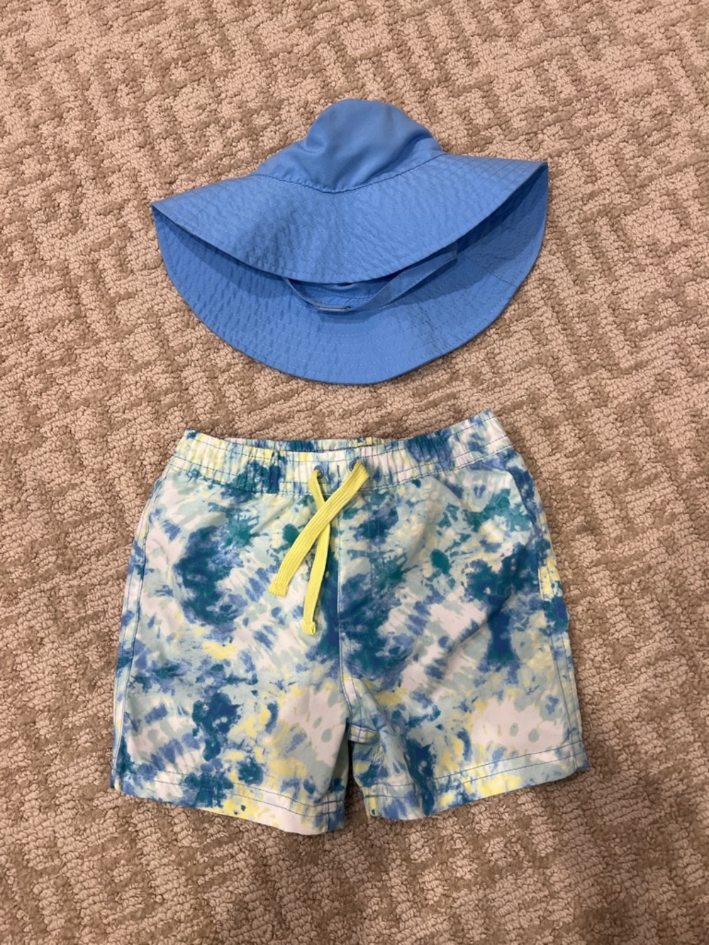 NWOT first impressions Tie-Dye Swim Shorts & Blue Sun Hat